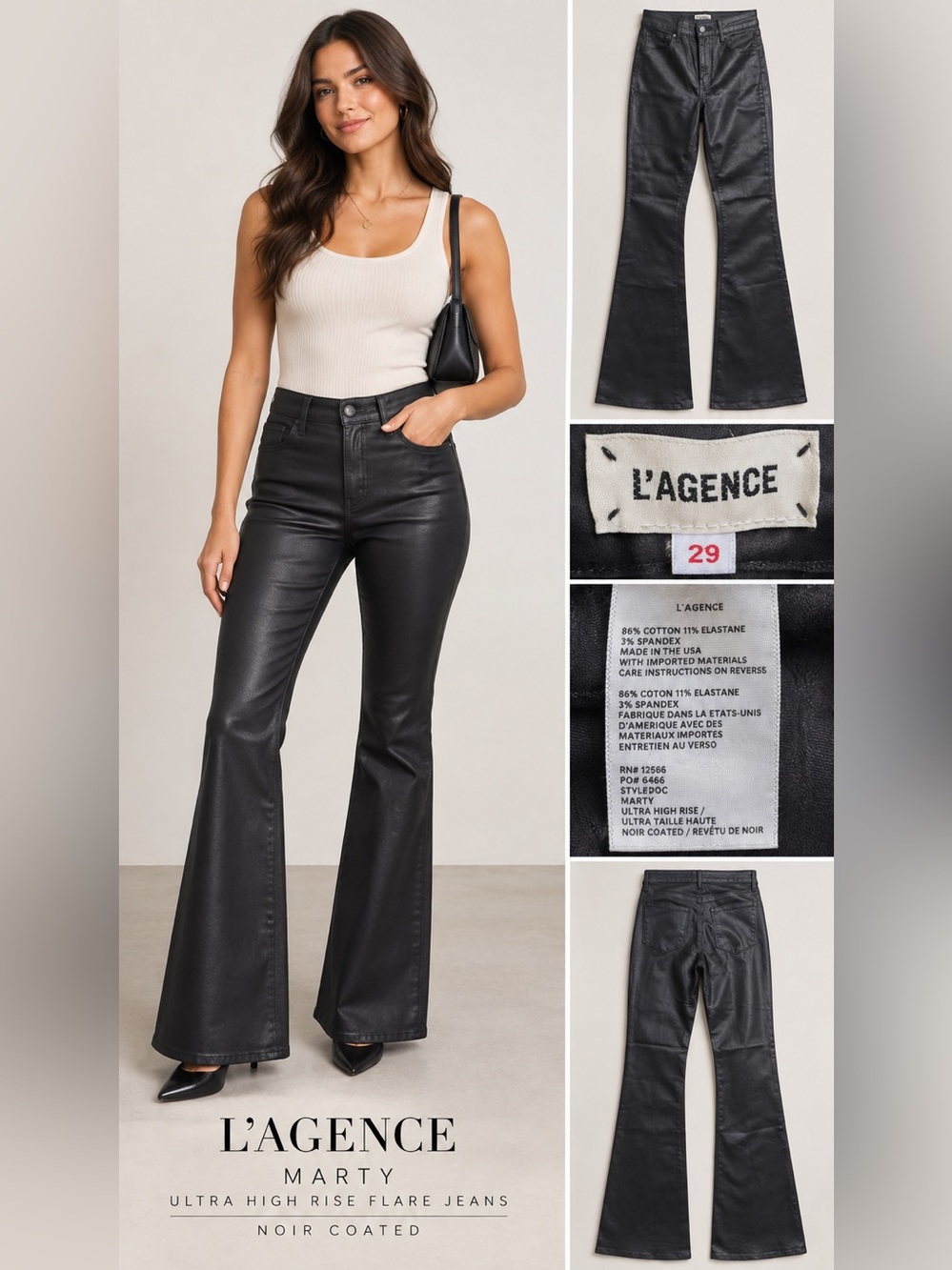 L’AGENCE Marty Ultra High Rise Noir Coated Flare Jeans Black Size 29
